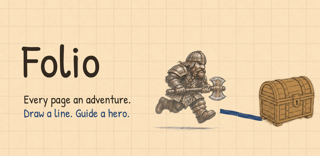 Folio — a walking dwarf fighter connected to a treasure chest by a drawn line on graph paper.